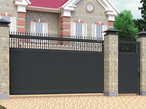 Откатные уличные ворота в алюминиевой раме с заполнением сэндвич-панелями SLG-A Откатные уличные ворота в алюминиевой раме с заполнением сэндвич-панелями SLG-A