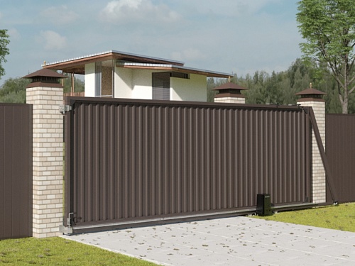 Откатные уличные ворота с заполнением профлистом Откатные уличные ворота с заполнением профлистом