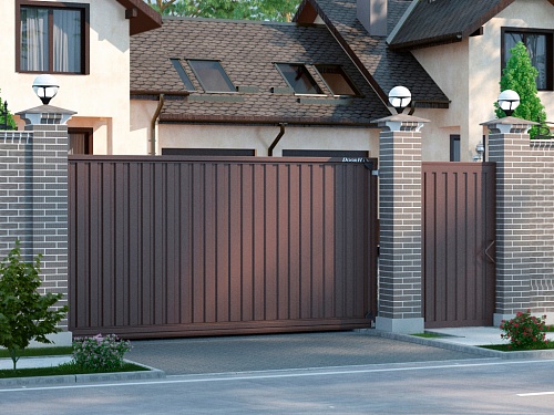 Откатные уличные ворота с заполнением профлистом Откатные уличные ворота с заполнением профлистом