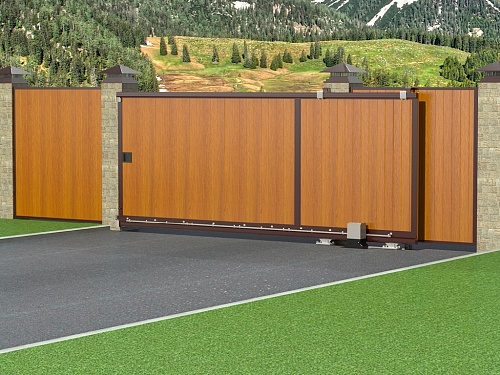 Откатные уличные ворота в алюминиевой раме с заполнением сэндвич-панелями SLG-A Откатные уличные ворота в алюминиевой раме с заполнением сэндвич-панелями SLG-A